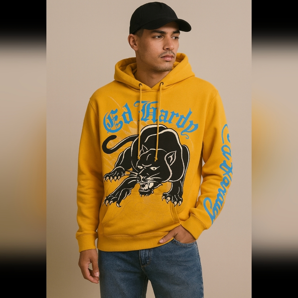 Ed Hardy Men's Yellow Hoodie with Panther Graphic